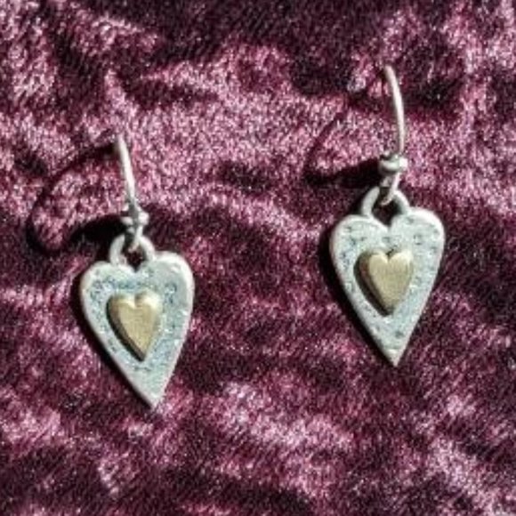 Mixed metal heart dangle earrings, dimensional, sterling wires, designer quality - Picture 3 of 6